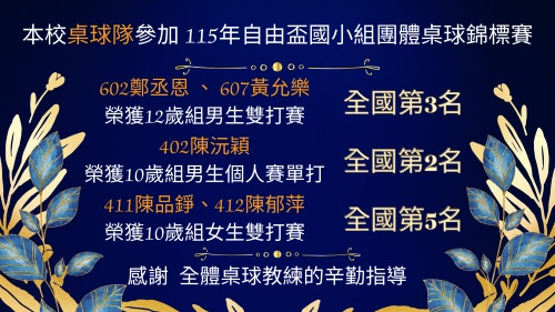 115年自由盃國小組桌球錦標賽-單雙打榮獲佳績
